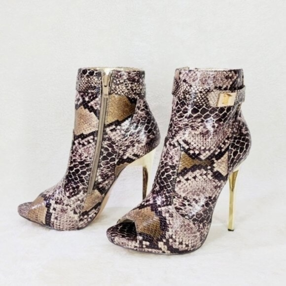 * Mona Mia Snakeskin Print Open Toe 4 3/4" Gold Trim Stiletto Heel Ankle Boots - Picture 6 of 7